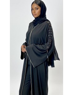 Abaya Kimono Dubai Luxe – Noir Intense – Broderies Élégantes  - 1