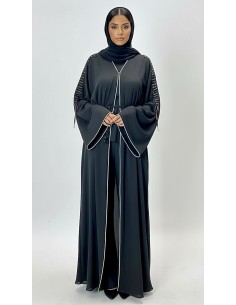 Abaya Kimono Dubai Luxe – Noir Intense – Broderies Élégantes  - 1 2