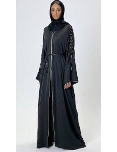 Abaya Kimono Dubai Luxe – Noir Intense – Broderies Élégantes  - 2 2