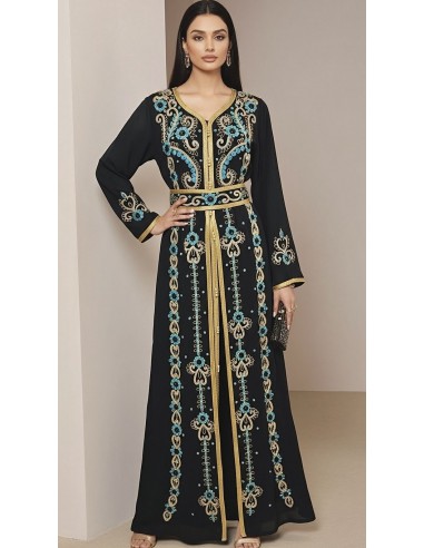 Caftan Dubai Luxe – Broderies Or & Turquoise – Noir Profond  - 1
