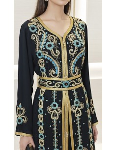 Caftan Dubai Luxe – Broderies Or & Turquoise – Noir Profond  - 1 2