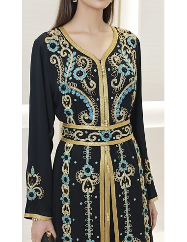 Caftan Dubai Luxe – Broderies Or & Turquoise – Noir Profond  - 2
