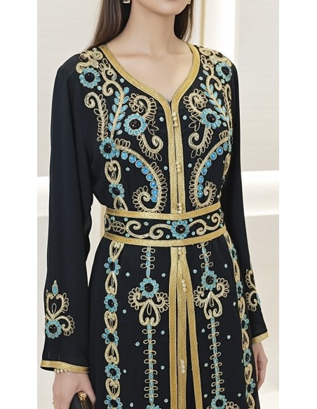 Caftan Dubai Luxe – Broderies Or & Turquoise – Noir Profond  - 2