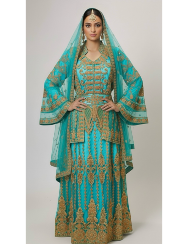 Caftan Oriental Luxe – Broderies Or & Perles – Bleu Turquoise  - 1