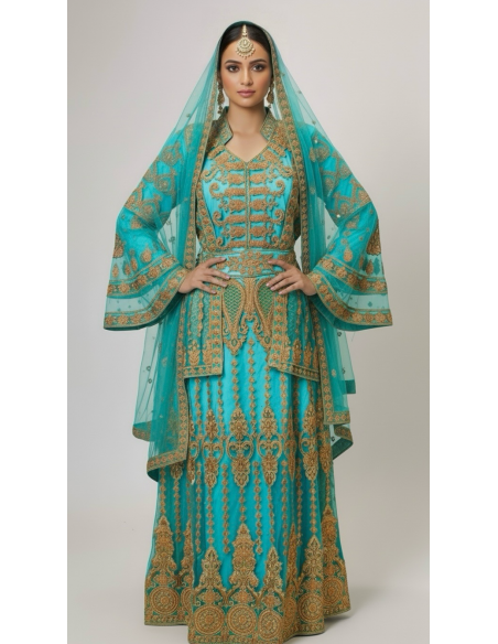 Caftan Oriental Luxe – Broderies Or & Perles – Bleu Turquoise  - 1