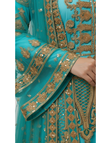 Caftan Oriental Luxe – Broderies Or & Perles – Bleu Turquoise  - 2