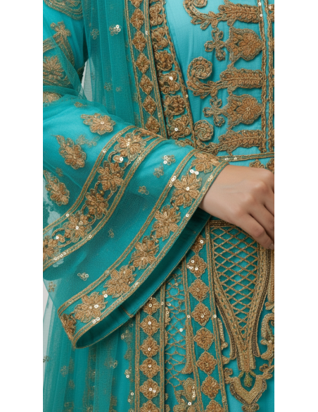 Caftan Oriental Luxe – Broderies Or & Perles – Bleu Turquoise  - 2