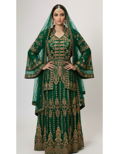 Caftan Oriental Luxe – Broderies Or & Perles – Vert Émeraude  - 1