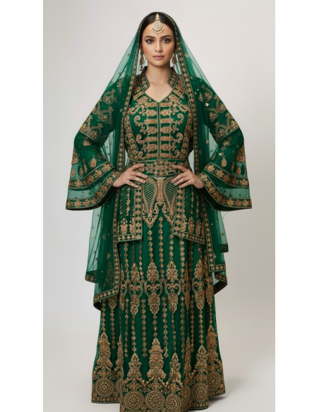 Caftan Oriental Luxe – Broderies Or & Perles – Vert Émeraude  - 1