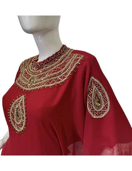 Robe farasha Bordeaux à Col Montant et strass Dorées  - 5