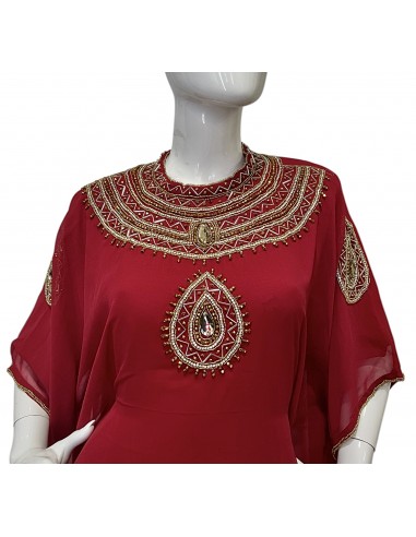 Robe farasha Bordeaux à Col Montant et strass Dorées  - 3