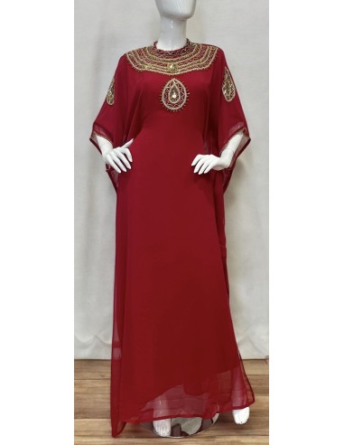 Robe farasha Bordeaux à Col Montant et strass Dorées  - 4