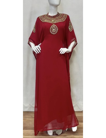 Robe farasha Bordeaux à Col Montant et strass Dorées  - 4