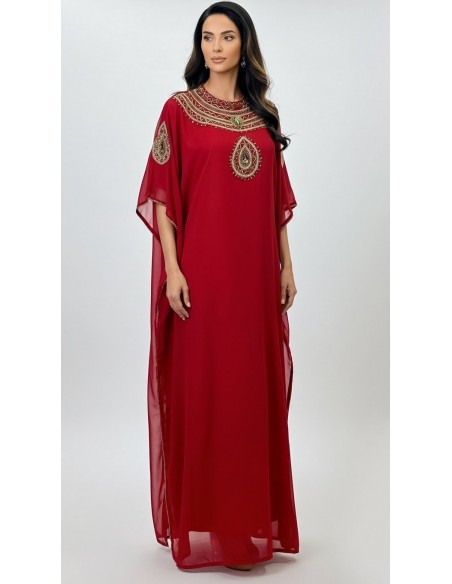 Robe farasha Bordeaux à Col Montant et strass Dorées  - 1