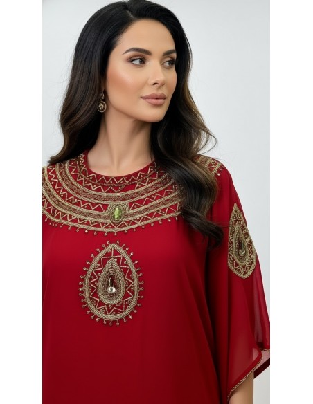 Robe farasha Bordeaux à Col Montant et strass Dorées  - 2