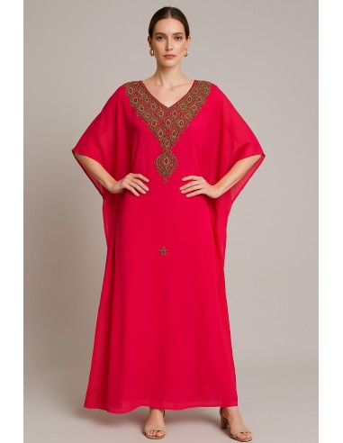Robe Dubai farasha Abaya Kaftan rose électric strass Dorées  - 1