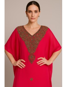 Robe Dubai farasha Abaya Kaftan rose électric strass Dorées  - 1 2