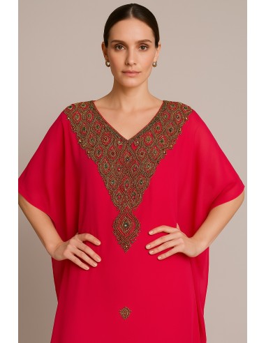 Robe Dubai farasha Abaya Kaftan rose électric strass Dorées  - 2