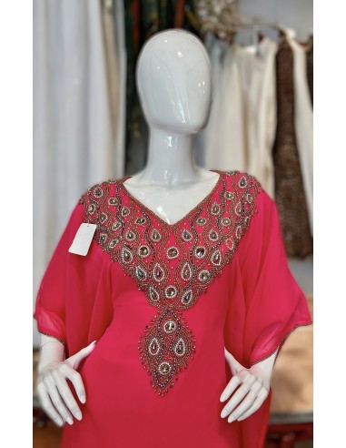 Robe Dubai farasha Abaya Kaftan rose électric strass Dorées  - 3