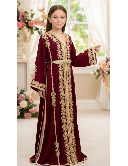 Takchita Enfant & Ado 2 Pièces – Caftan Oriental Fille 8 à 15 Ans avec Ceinture | Rouge  - 2