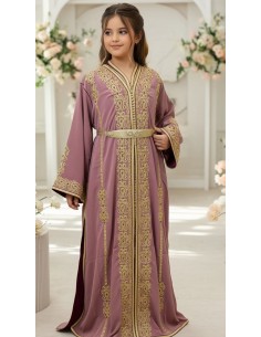 Takchita Enfant & Ado 2 Pièces rose poudré– Caftan Oriental Fille 8 à 15 Ans avec Ceinture  - 1 2