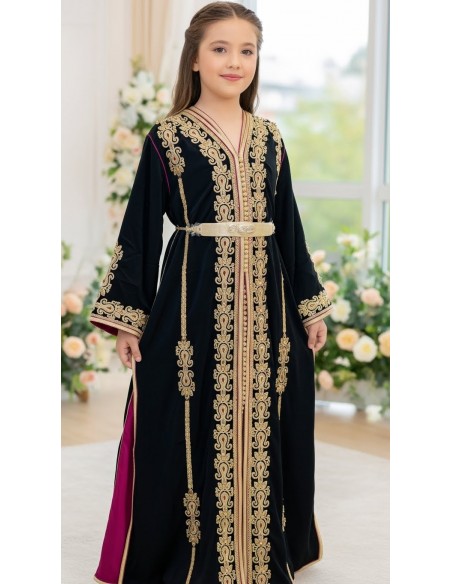 Takchita Enfant & Ado 2 Pièces noir– Caftan Oriental Fille 8 à 15 Ans avec Ceinture  - 2