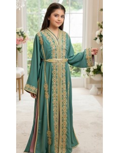 Takchita Enfant & Ado 2 Pièces vert eau– Caftan Oriental Fille 8 à 15 Ans avec Ceinture  - 1 2