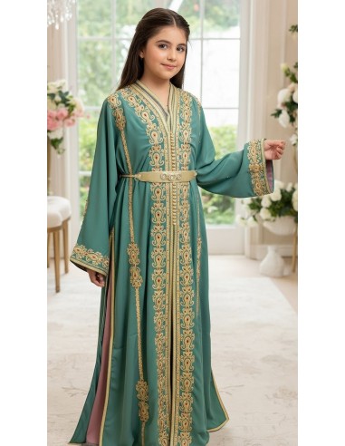 Takchita Enfant & Ado 2 Pièces vert eau– Caftan Oriental Fille 8 à 15 Ans avec Ceinture  - 2