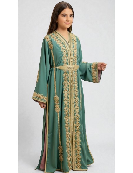 Takchita Enfant & Ado 2 Pièces vert eau– Caftan Oriental Fille 8 à 15 Ans avec Ceinture  - 1