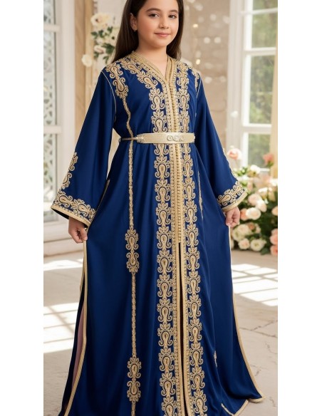 Takchita Enfant & Ado 2 Pièces bleu marine– Caftan Oriental Fille 8 à 15 Ans avec Ceinture  - 2