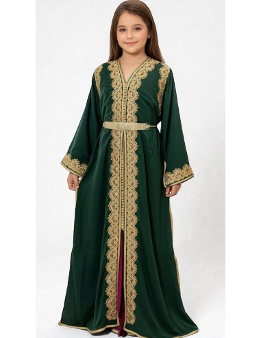 Takchita Enfant & Ado 2 Pièces vert royal– Caftan Oriental Fille 8 à 15 Ans avec Ceinture  - 1