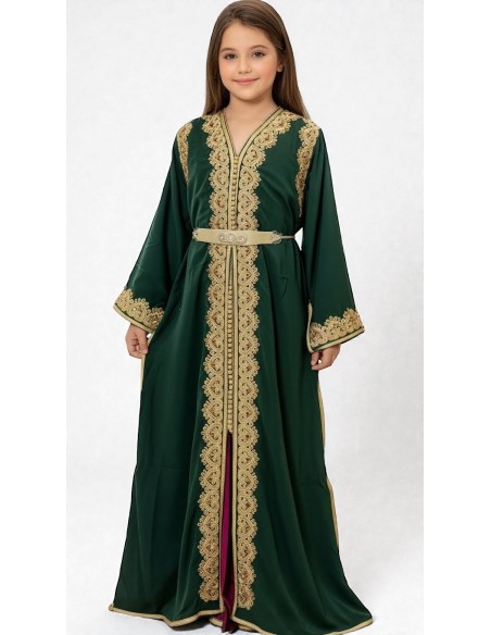 Takchita Enfant & Ado 2 Pièces vert royal– Caftan Oriental Fille 8 à 15 Ans avec Ceinture  - 1