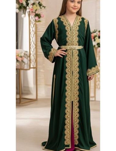 Takchita Enfant & Ado 2 Pièces vert royal– Caftan Oriental Fille 8 à 15 Ans avec Ceinture  - 2