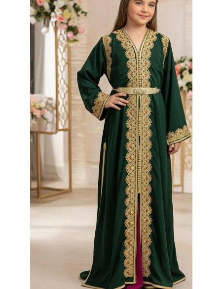 Takchita Enfant & Ado 2 Pièces vert royal– Caftan Oriental Fille 8 à 15 Ans avec Ceinture  - 2