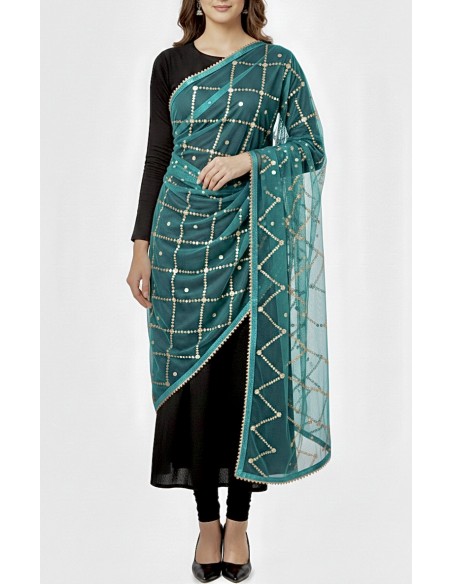 Dupatta chale etole bleu vert sequins doré  - 1