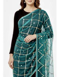 Dupatta chale etole bleu vert sequins doré  - 1 2