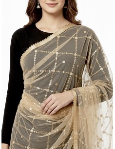 Dupatta chale etole indienne beige sequins doré  - 1 2
