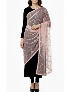Dupatta chale etole indienne rose clair sequins doré  - 1