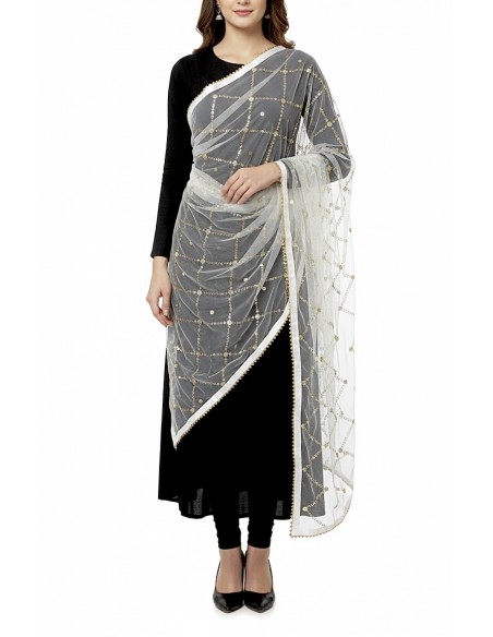 Dupatta chale etole indienne blanc sequins doré  - 1