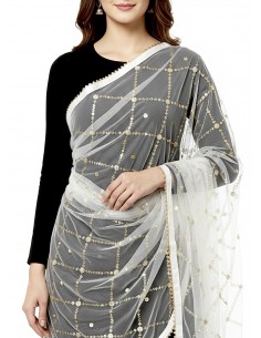 Dupatta chale etole indienne blanc sequins doré  - 1 2