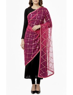 Dupatta chale etole indienne rose fuchsia sequins doré  - 1