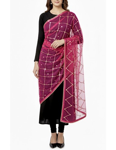 Dupatta chale etole indienne rose fuchsia sequins doré  - 1