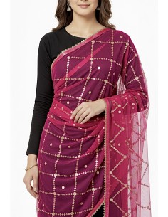 Dupatta chale etole indienne rose fuchsia sequins doré  - 1 2