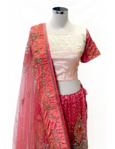 Ensemble indien perlé – Lehenga pakistanais femme corail et blanc/Tenue mariage & cérémonie - 1 2