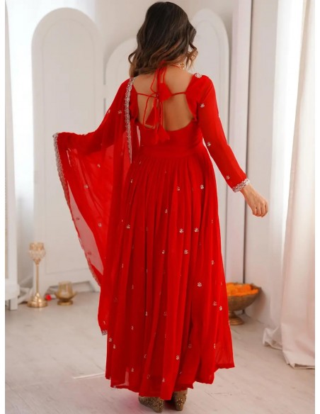 Robe Anarkali Brodée Luxe – Tenue Indienne Femme – Rouge  - 3