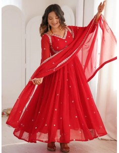 Robe Anarkali Brodée Luxe – Tenue Indienne Femme – Rouge  - 1