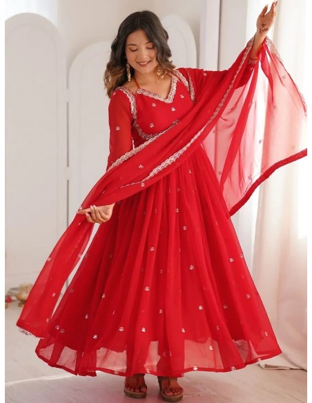 Robe Anarkali Brodée Luxe – Tenue Indienne Femme – Rouge  - 1