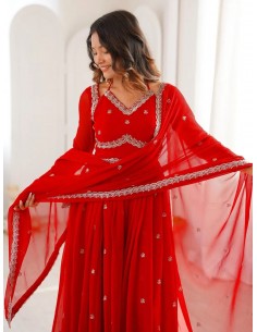 Robe Anarkali Brodée Luxe – Tenue Indienne Femme – Rouge  - 1 2