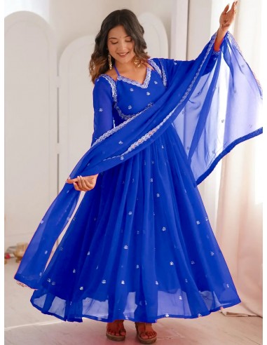 Robe Anarkali Brodée Luxe – Tenue Indienne Femme – Bleu Royal  - 1
