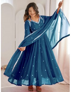 Robe Anarkali Brodée Luxe – Tenue Indienne Femme – Vert bleu  - 1